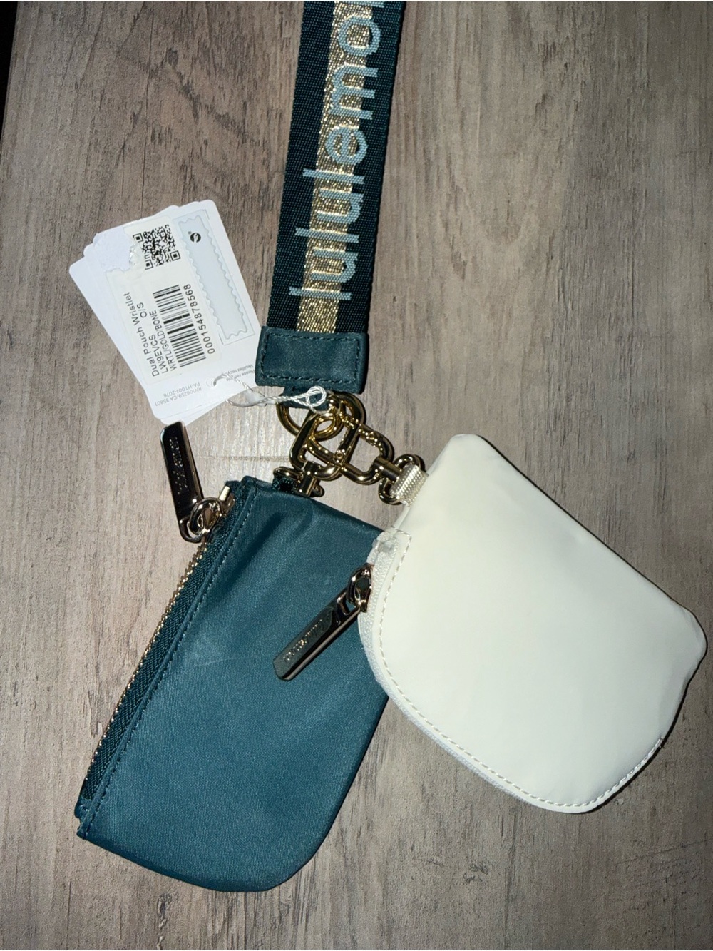 Lululemon Dual Pouch Wristlet Wordmark Warp Teal/Bone/Gold - Picture 3 of 3